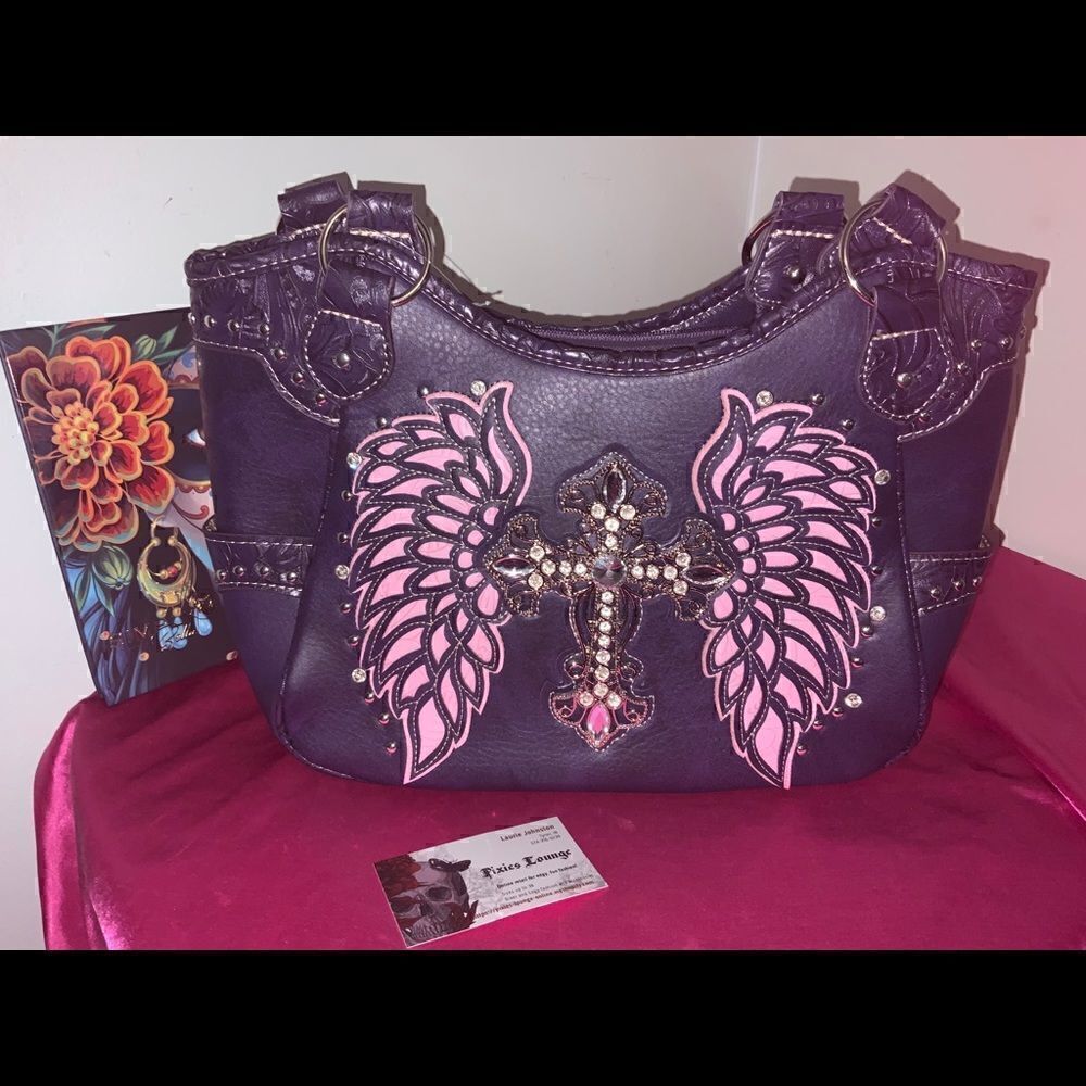 Rhinestone Cross Embroidered Carry Handbag In Purple